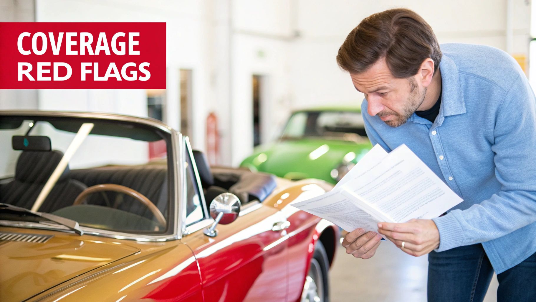 Man reads car insurance documents next to a classic convertible, highlighting coverage red flags.