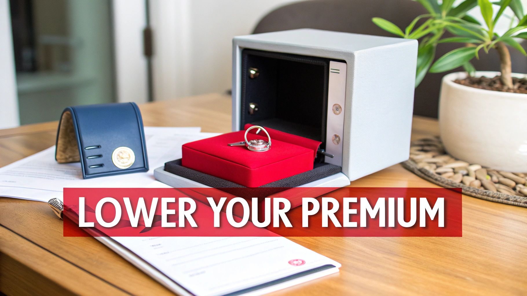 Open safe with jewelry box, key, wallet, and documents on a desk, promoting 'Lower Your Premium'.