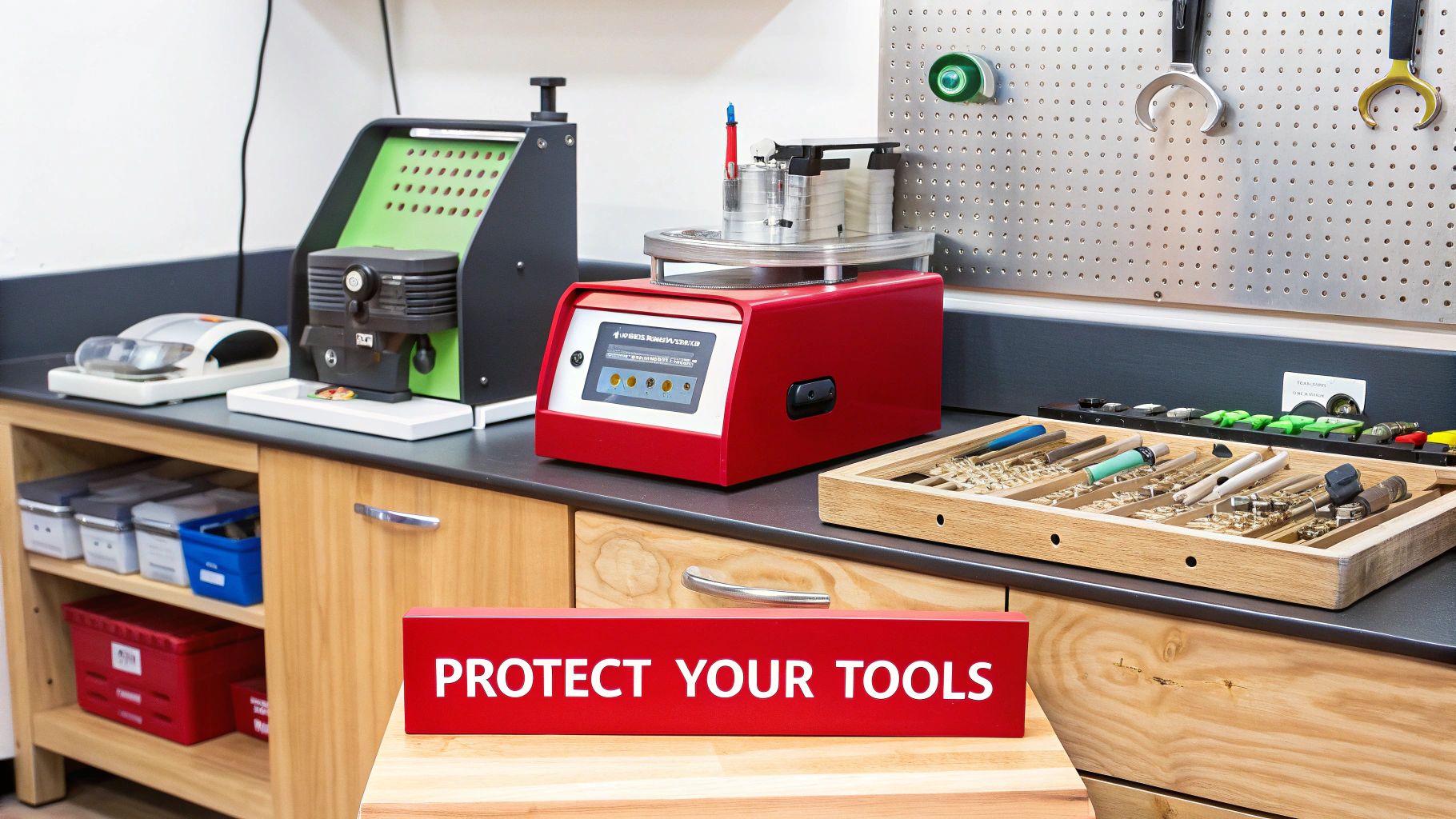 A locksmith's workbench with key cutting machines, tools, and a sign saying 'PROTECT YOUR TOOLS'.