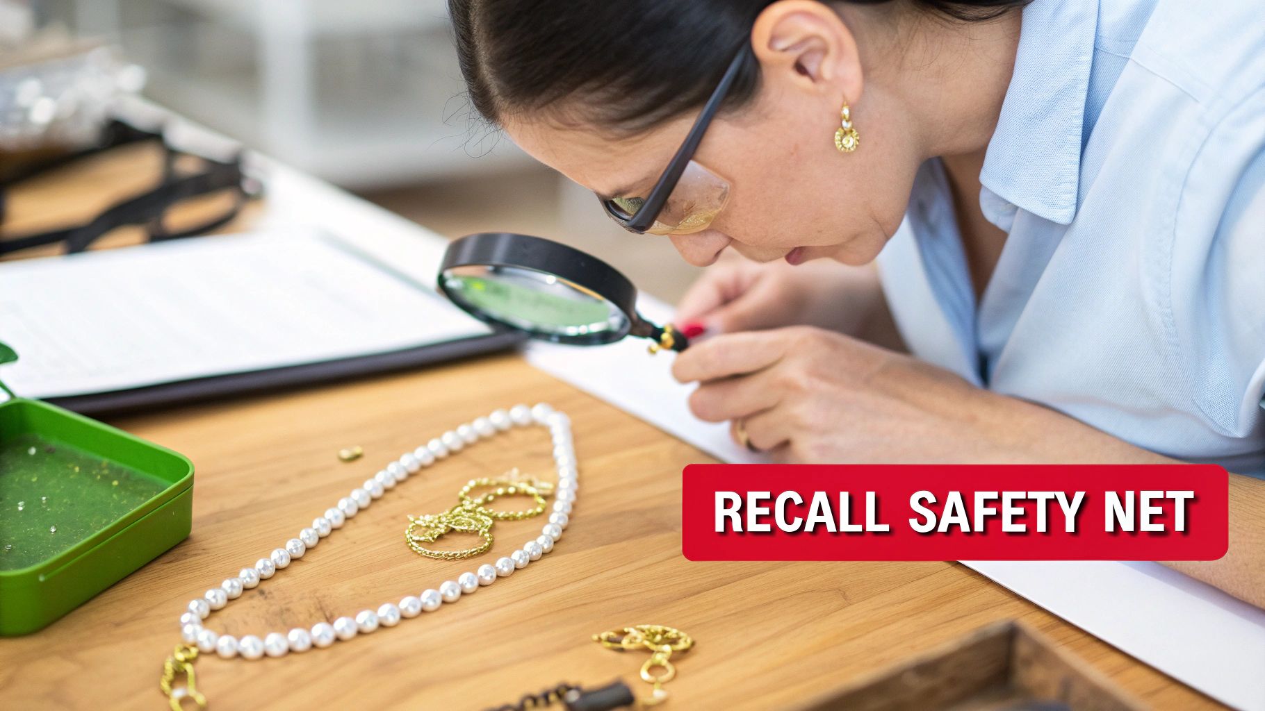 A woman meticulously examines a pearl necklace and gold chains with a magnifying glass on a wooden desk.