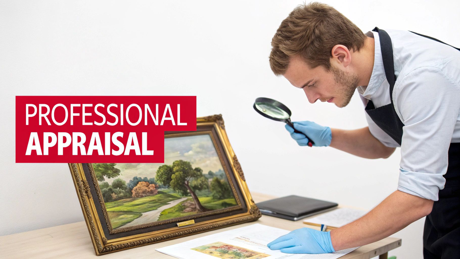 A professional appraiser wearing gloves examines a framed landscape painting with a magnifying glass on a desk.