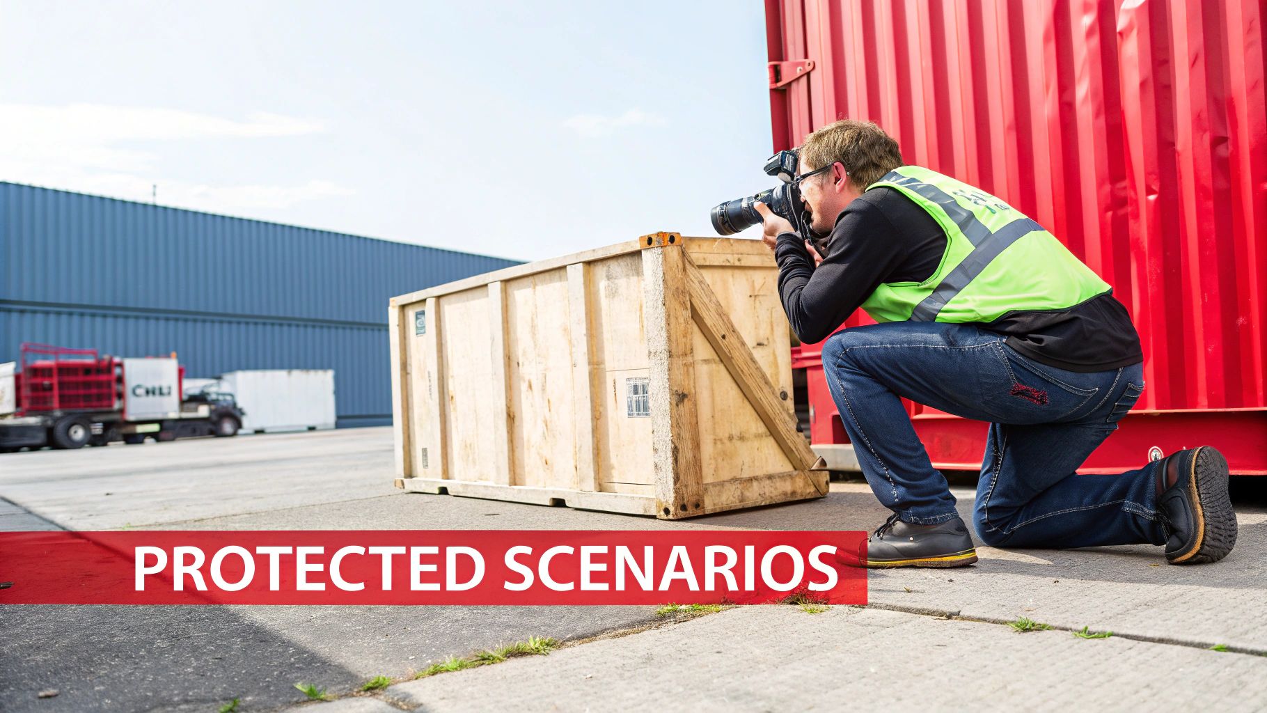 A photographer in a safety vest kneels, taking a picture of a wooden crate in an industrial area.