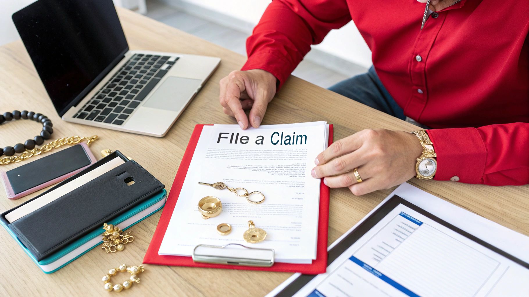 Person in a red shirt reviewing a 'File a Claim' document with jewelry and electronics on a desk.