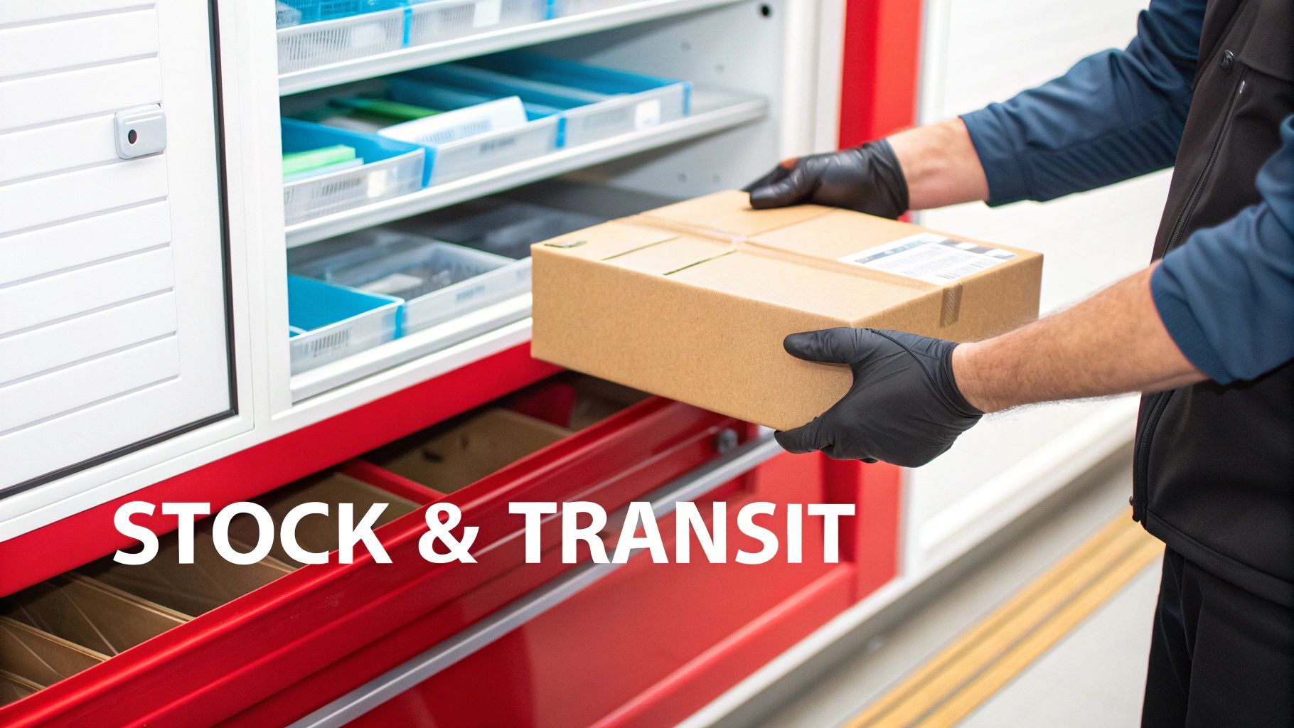 A gloved person handles a package in front of a modern storage unit, indicating stock and transit management.