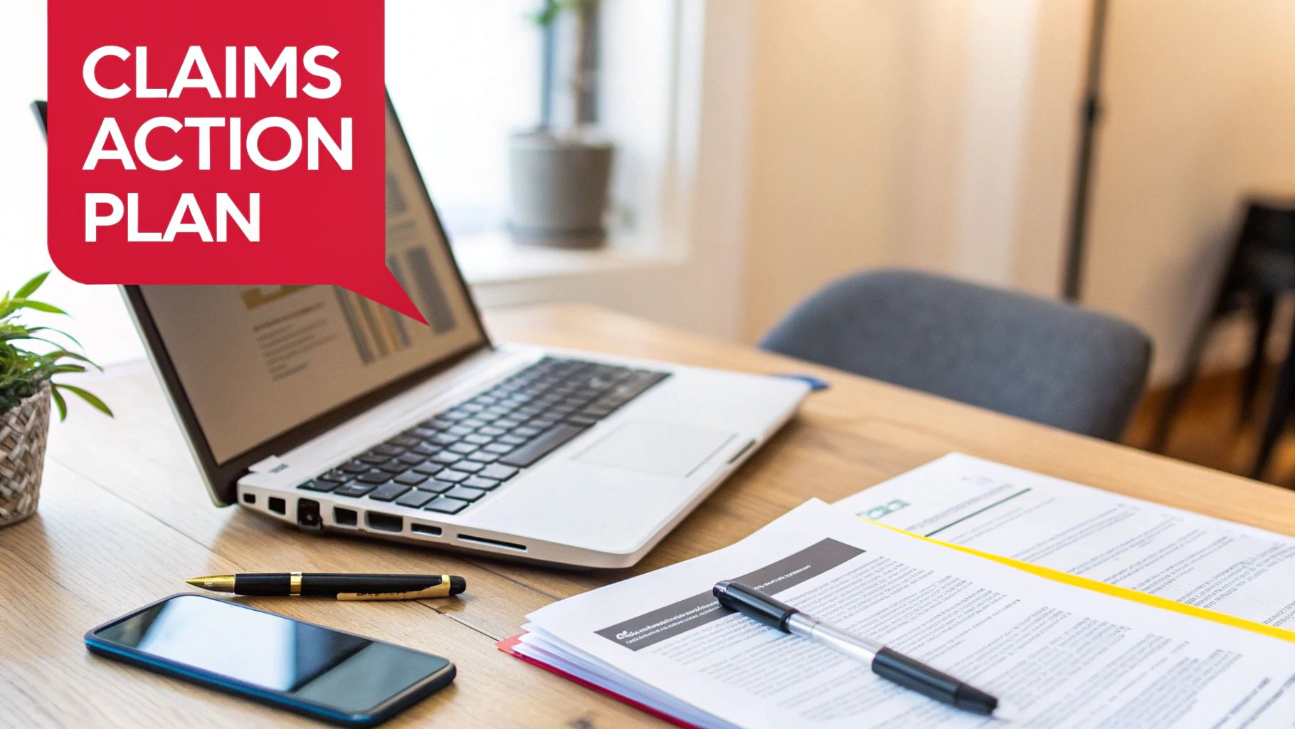 A desk setup with a laptop showing a graph, documents, and a pen, featuring 'CLAIMS ACTION PLAN' in a red speech bubble.