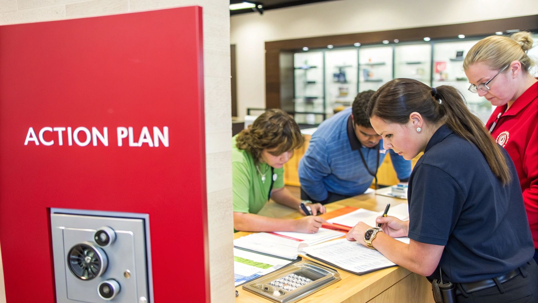 Several people are working at a counter, focused on papers, with a red 'ACTION PLAN' panel in the foreground.