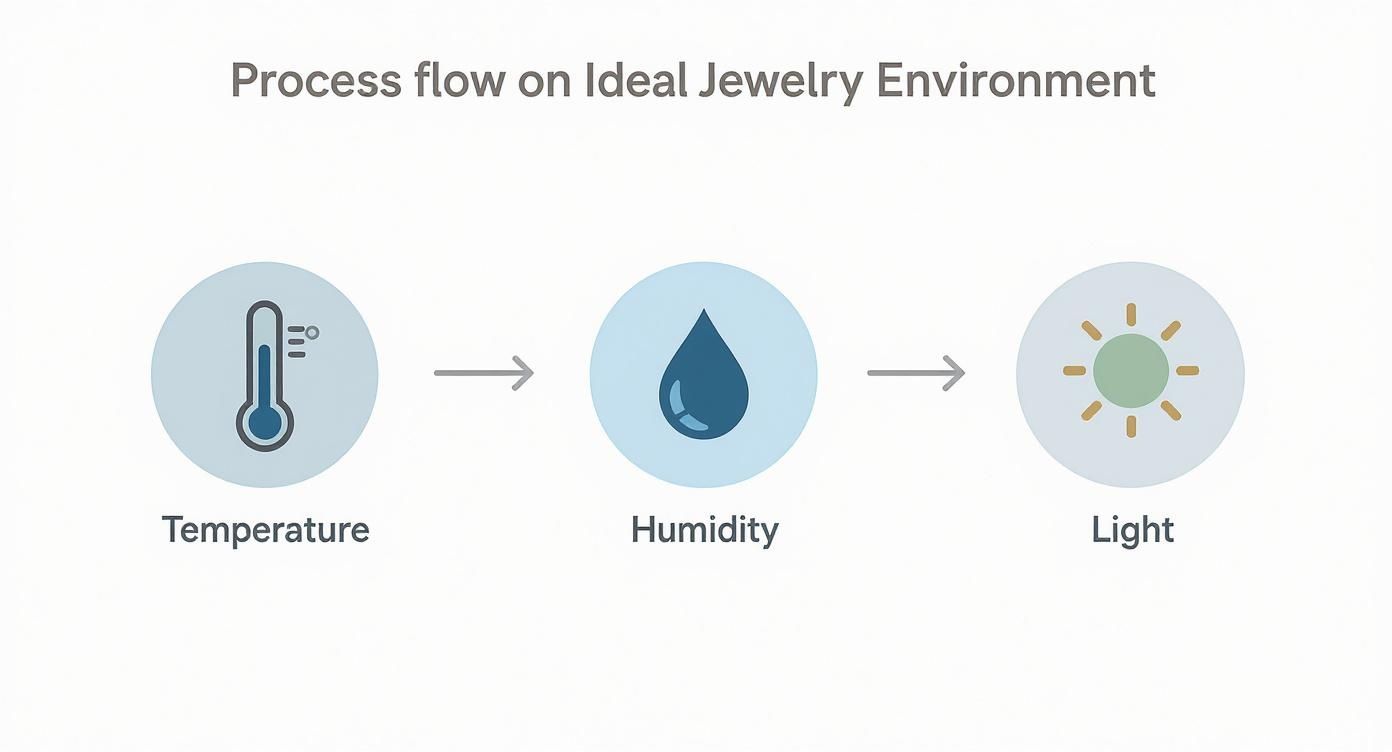 Infographic illustrating the sequential process of ideal jewelry storage factors: temperature, humidity, and light.