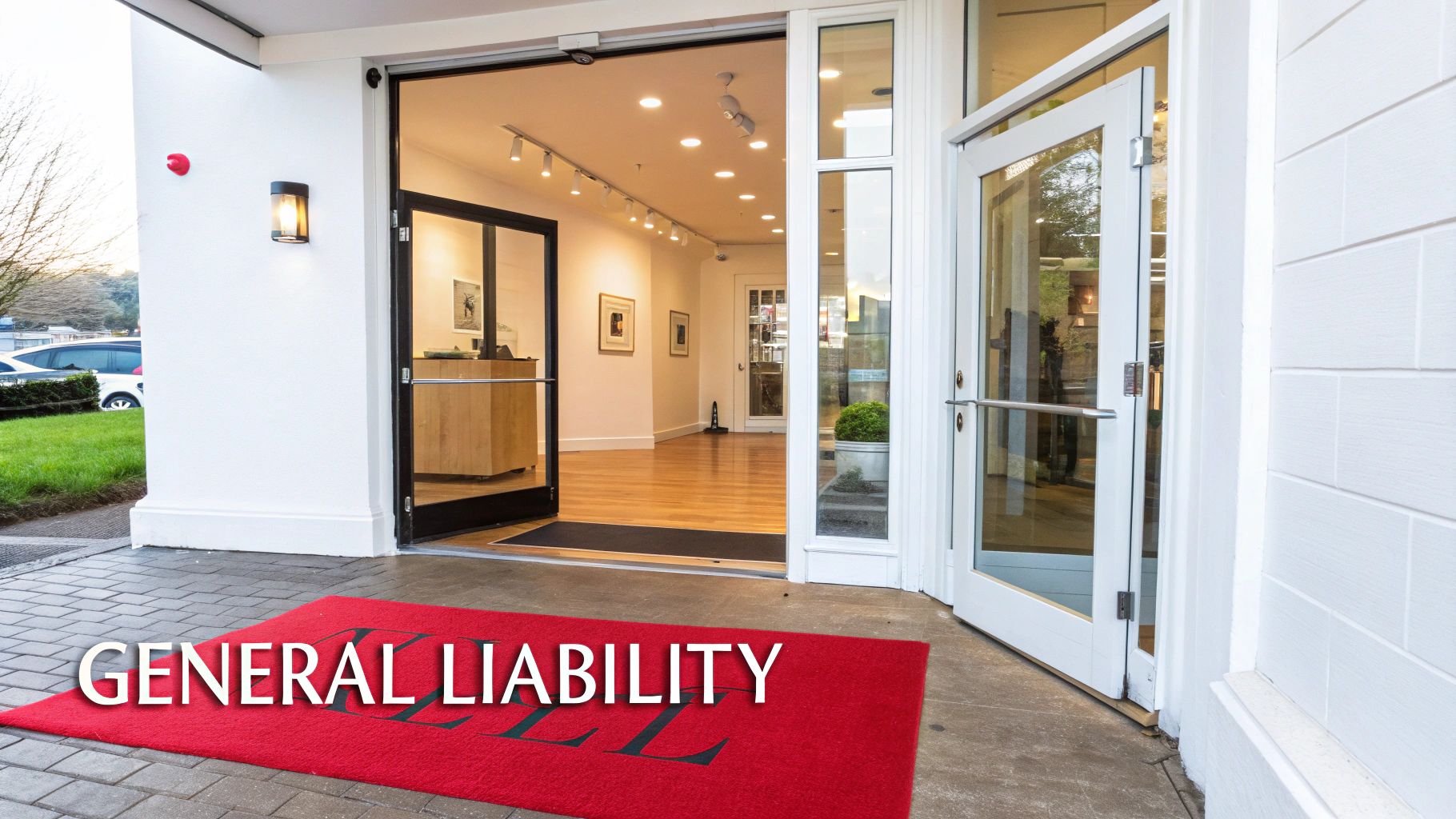 A welcoming entrance to a building with open glass doors and a red mat saying 'GENERAL LIABILITY'.