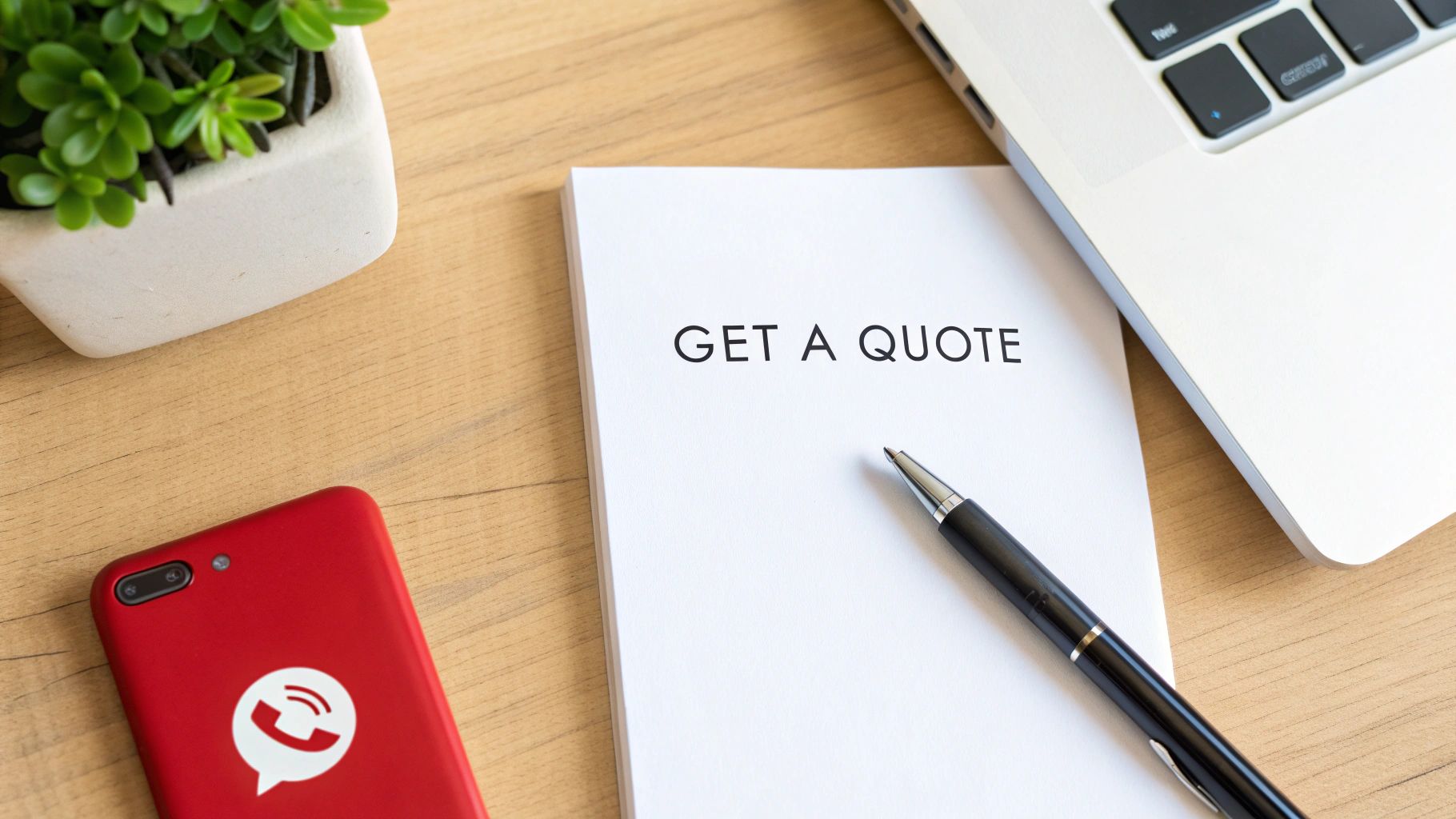 A desk flat lay with a notebook saying 'GET A QUOTE', a pen, a phone, and a laptop.