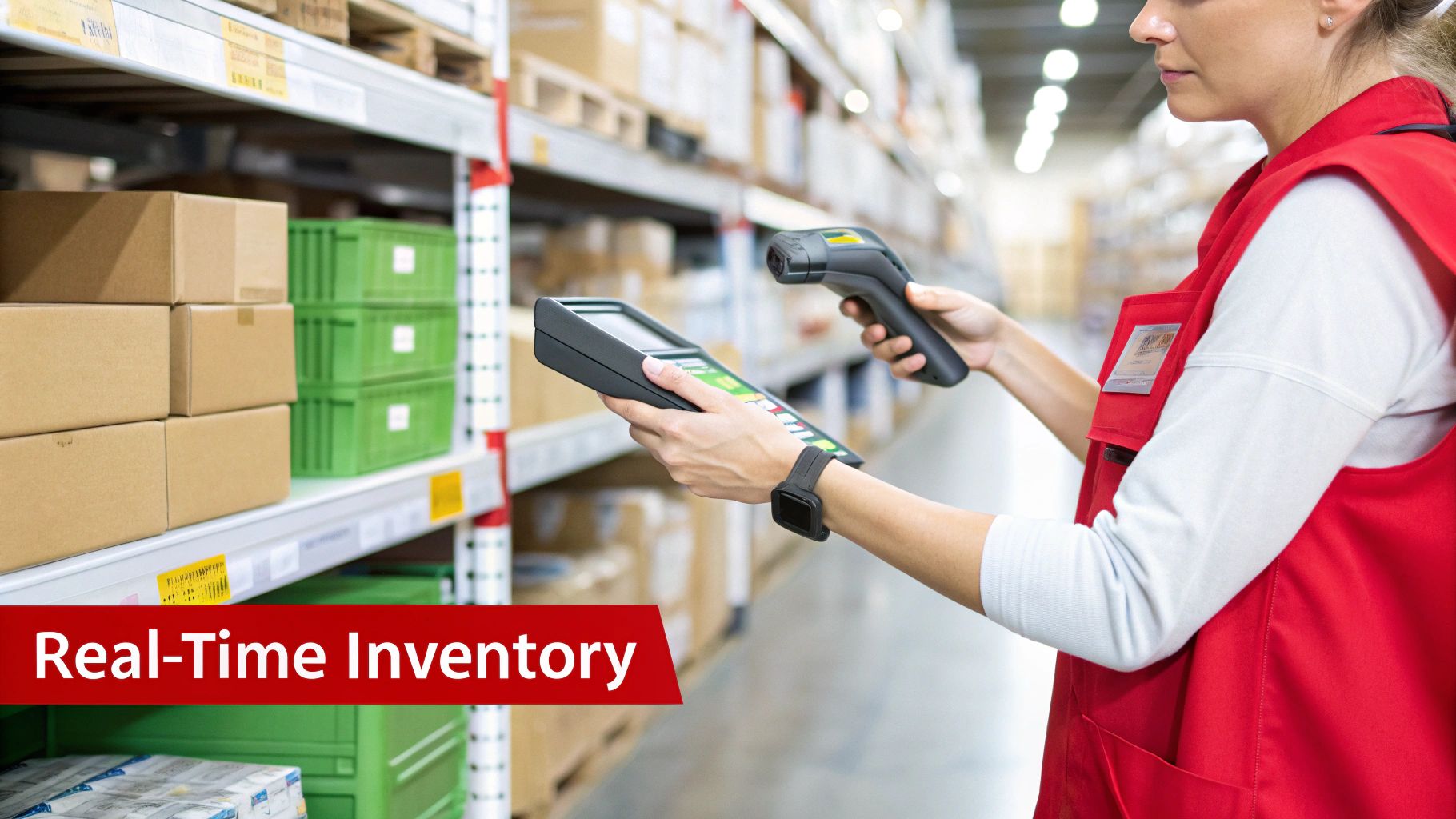 A worker scans inventory with a barcode scanner and handheld device in a warehouse, demonstrating real-time inventory management.