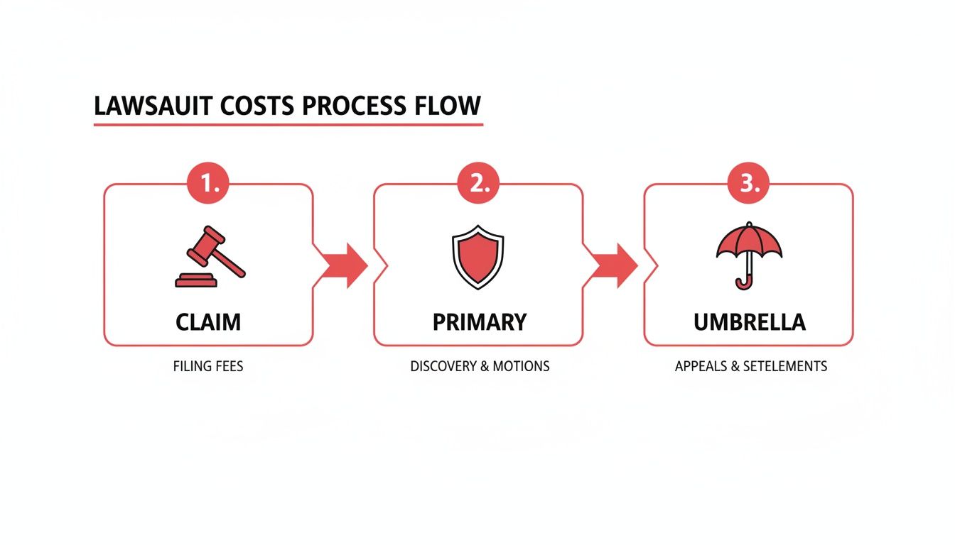Flowchart detailing lawsuit costs process in three steps: Claim, Primary, and Umbrella stages with associated expenses.