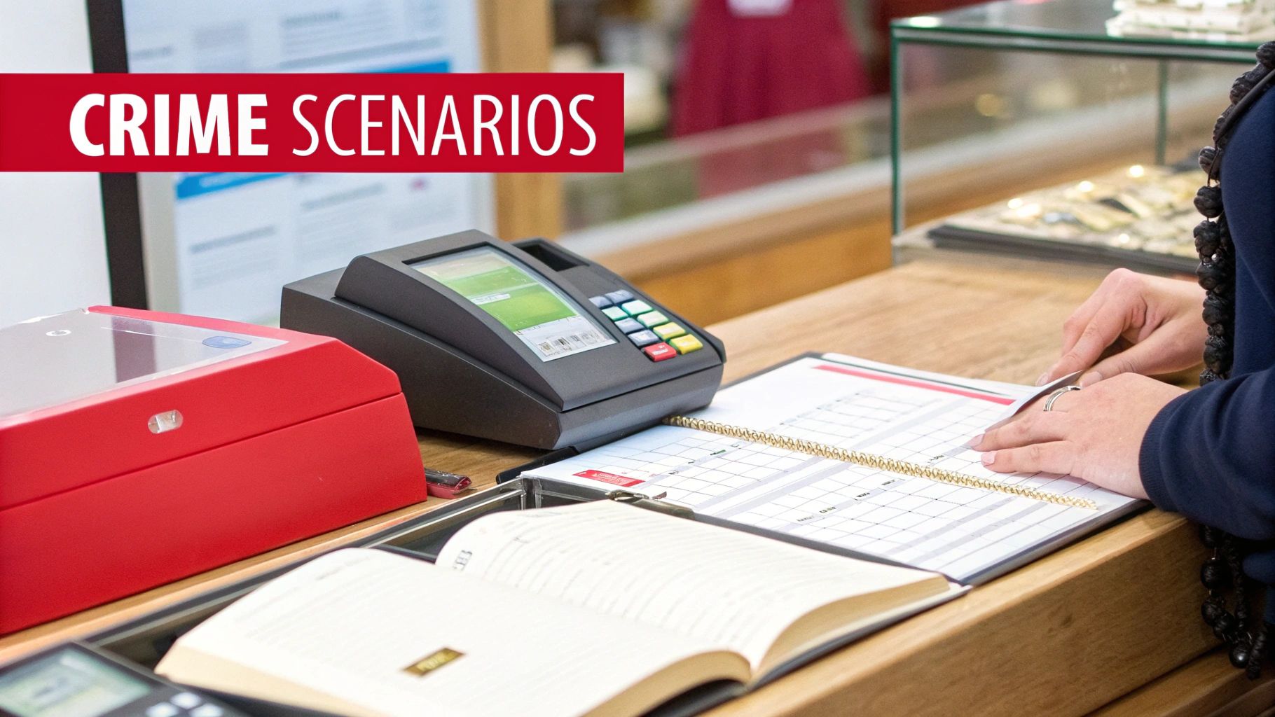 A person's hands at a retail counter with a credit card terminal and a red box, under a 'CRIME SCENARIOS' banner.