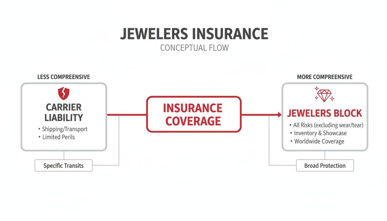 Conceptual flow diagram illustrating jewelers insurance from less comprehensive carrier liability to broader jewelers block coverage.