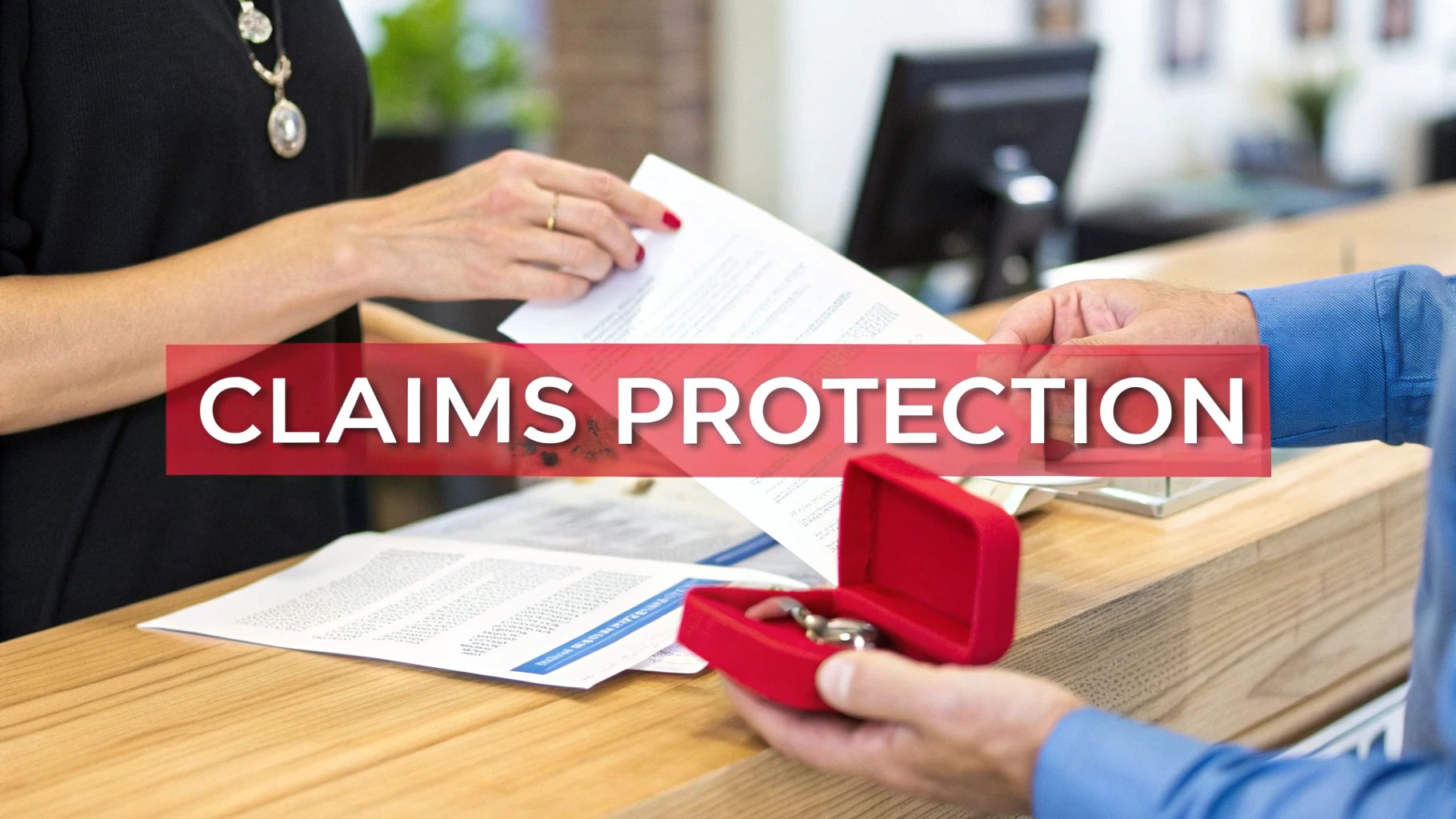 Two people exchanging documents over a counter, with rings in a box and 'CLAIMS PROTECTION' text.