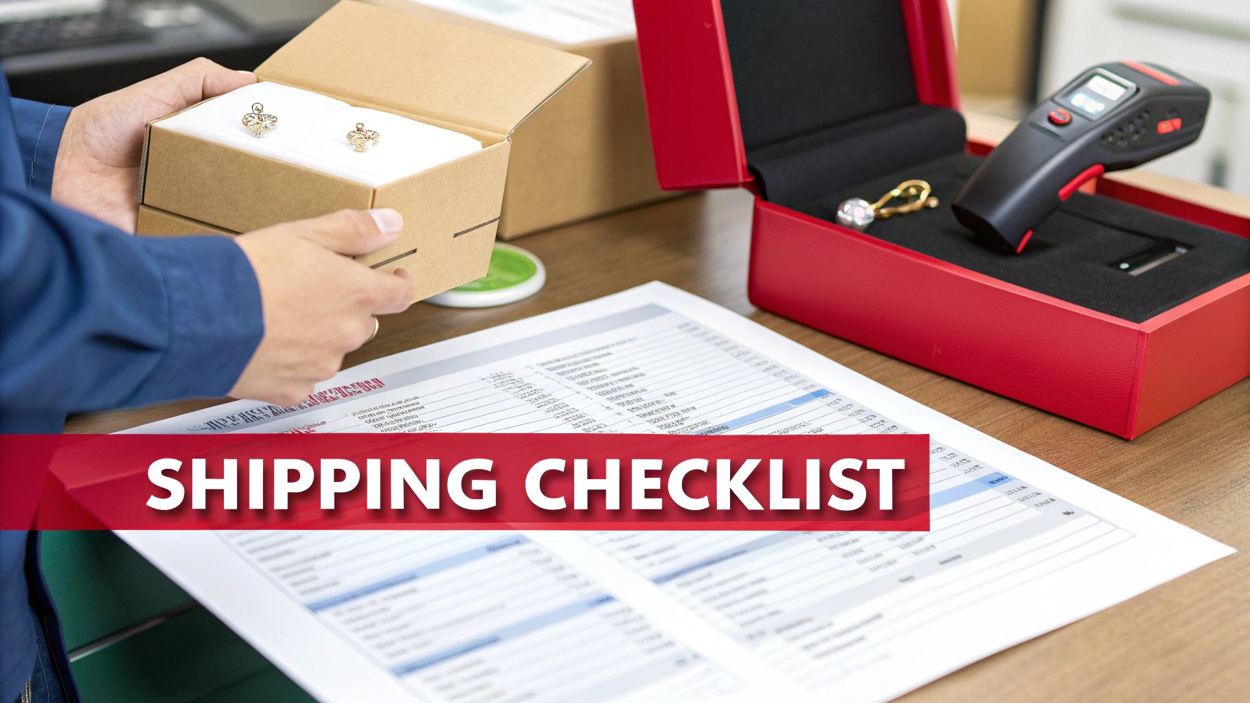 A person preparing valuable jewelry for shipping, with a shipping checklist and diamond tester on the table.
