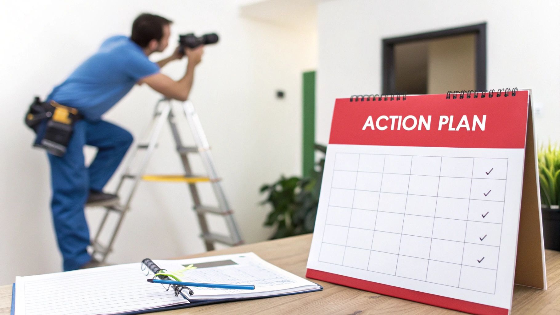 Man on a ladder with a camera, taking pictures. In the foreground, an 'ACTION PLAN' calendar and a notebook are on a desk.