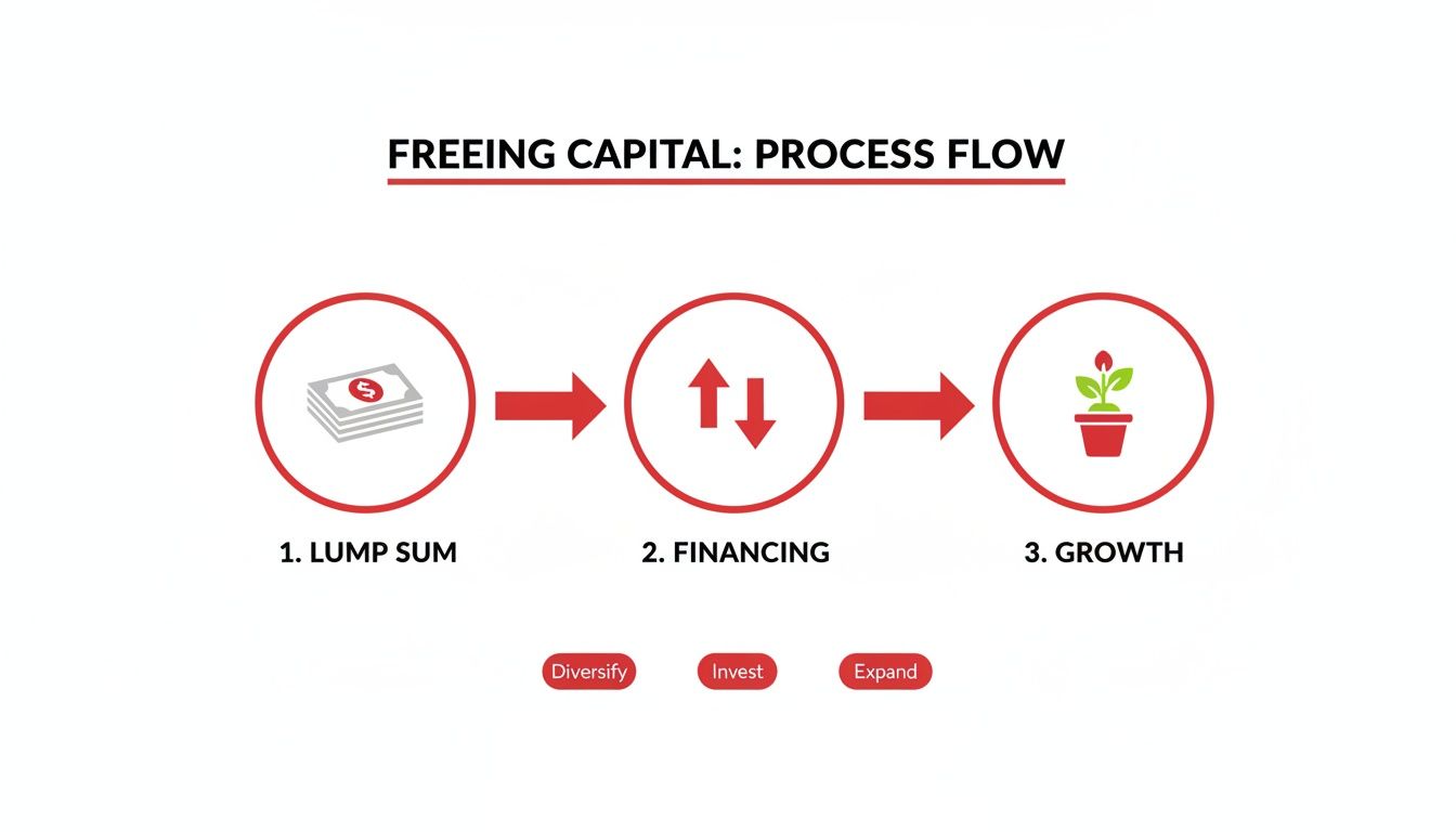 A diagram shows the capital freeing process: lump sum, financing, and growth with diversify, invest, expand options.