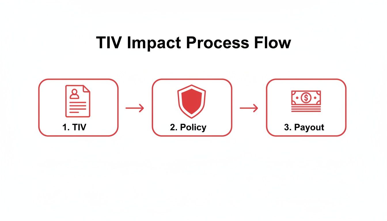 A TIV Impact Process Flow diagram showing steps for TIV, Policy, and Payout in an insurance context.