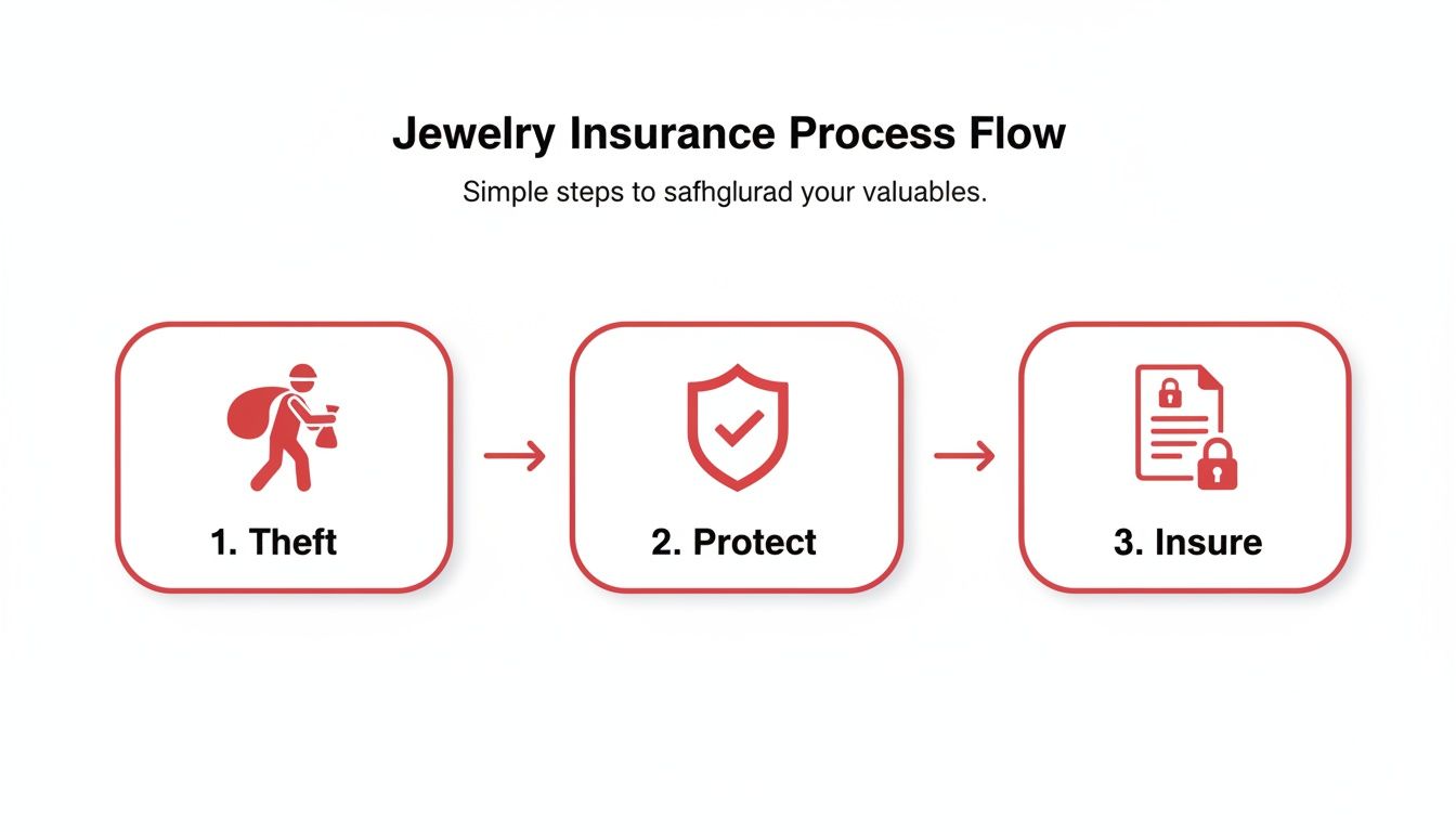 A diagram illustrating the three steps of the jewelry insurance process: theft, protection, and insuring valuables.