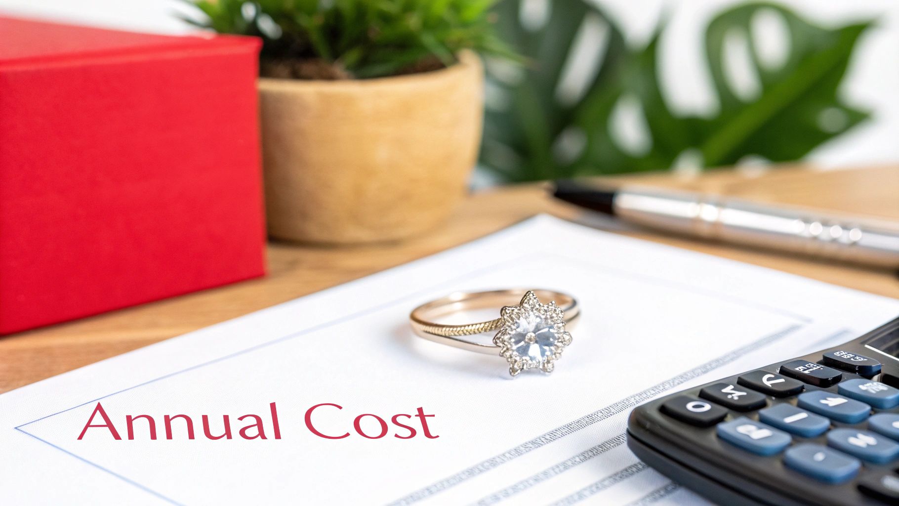 A sparkling diamond engagement ring on a document with 'Annual Cost' text, near a calculator.