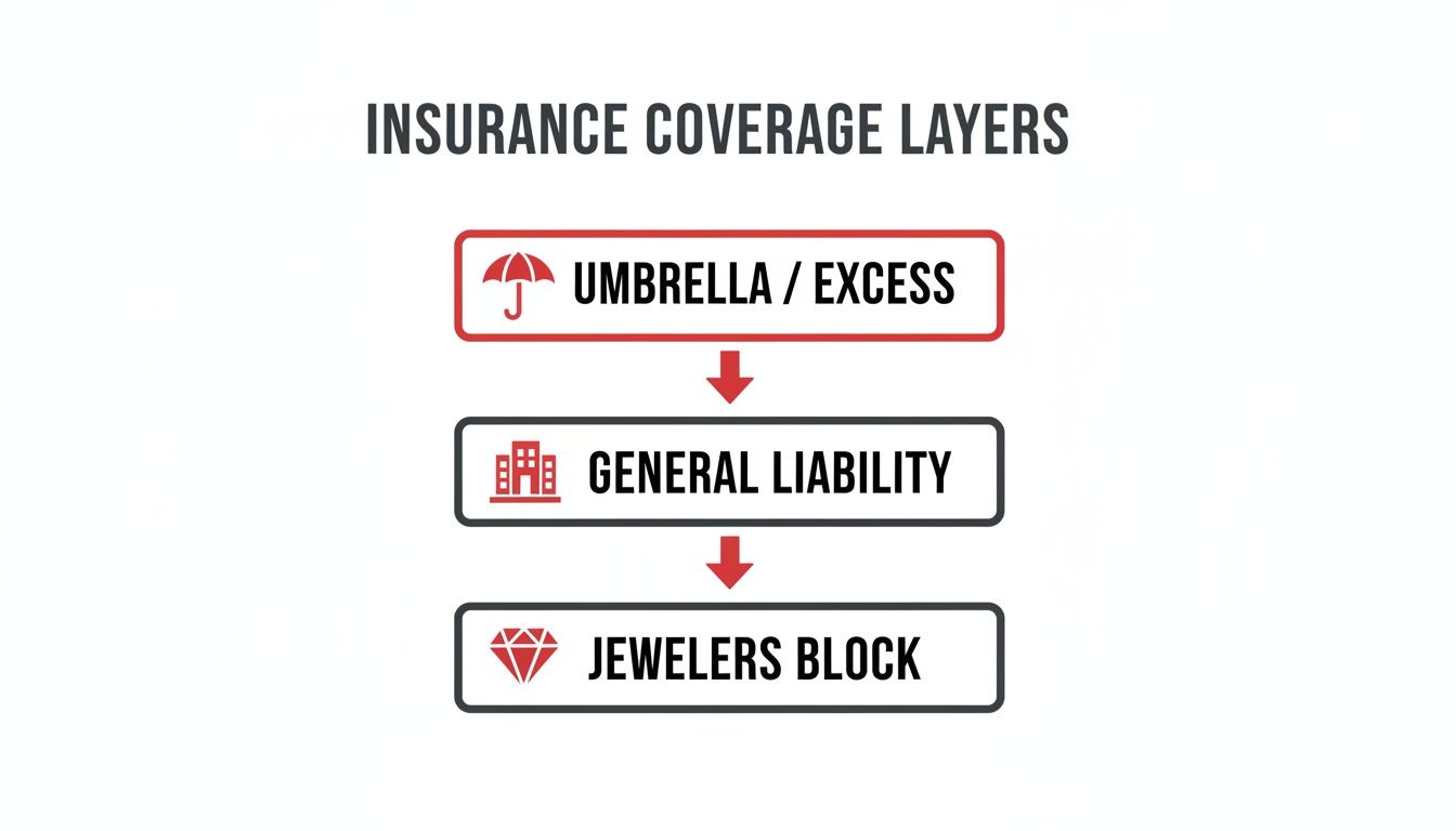 Diagram illustrating insurance coverage layers, showing Umbrella/Excess, General Liability, and Jewelers Block in a hierarchy.