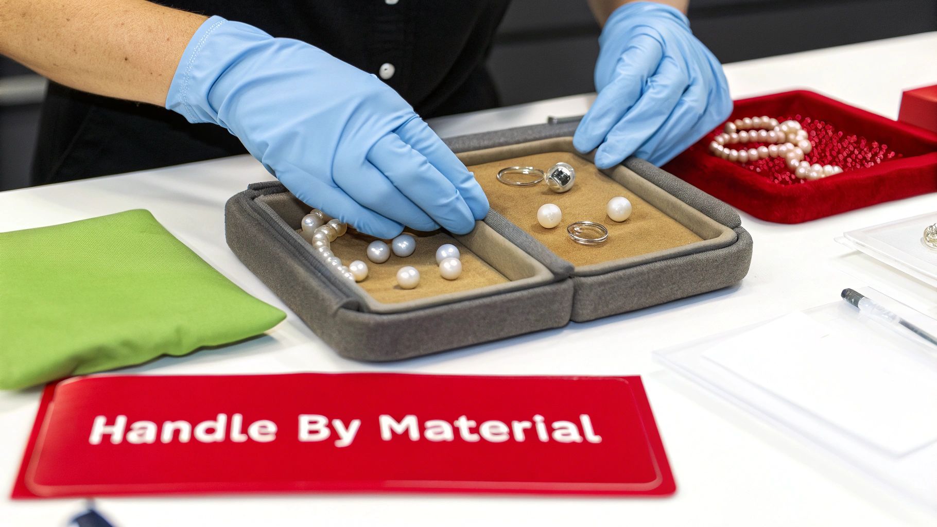 Person in blue gloves carefully placing pearls and rings into a gray jewelry display case on a white table.