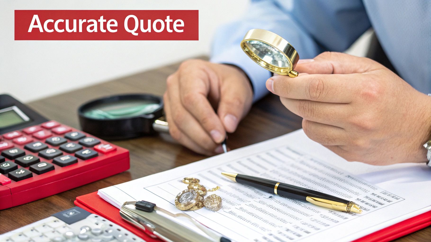 A person uses a magnifying glass to inspect jewelry and documents on a desk for an accurate quote.