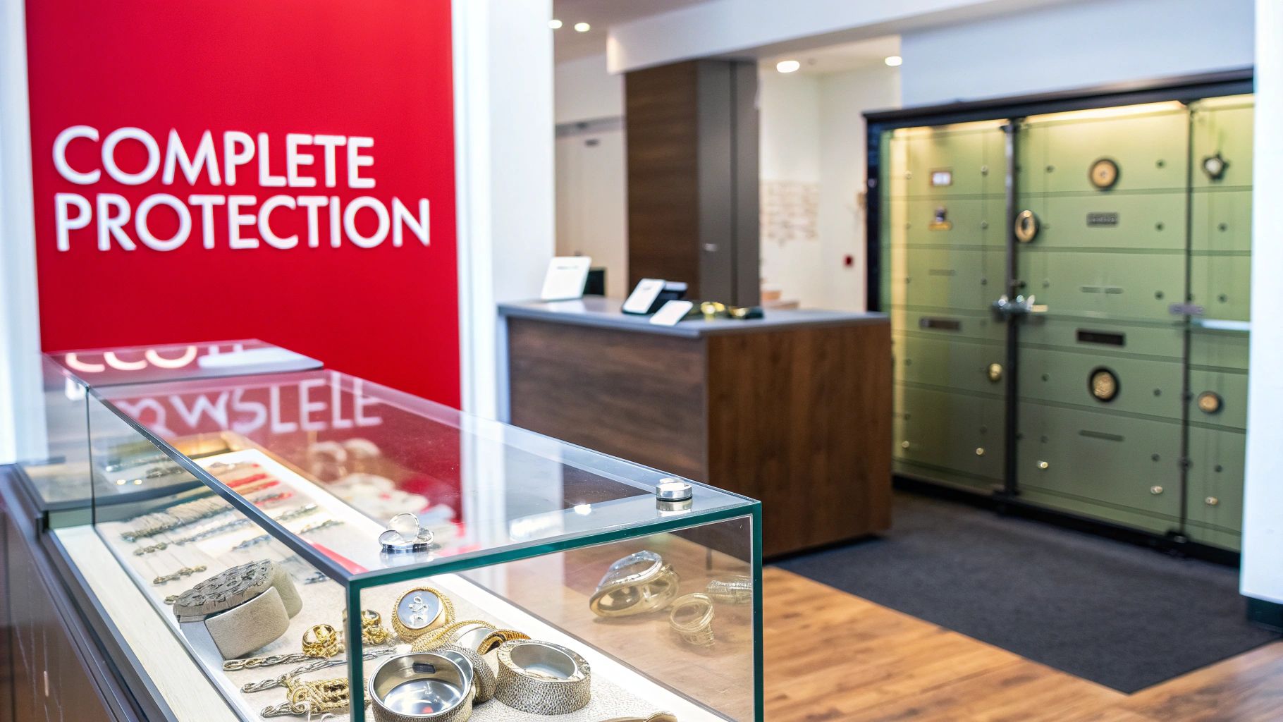 A jewelry display case in front of a red 'Complete Protection' sign, with secure vault doors.