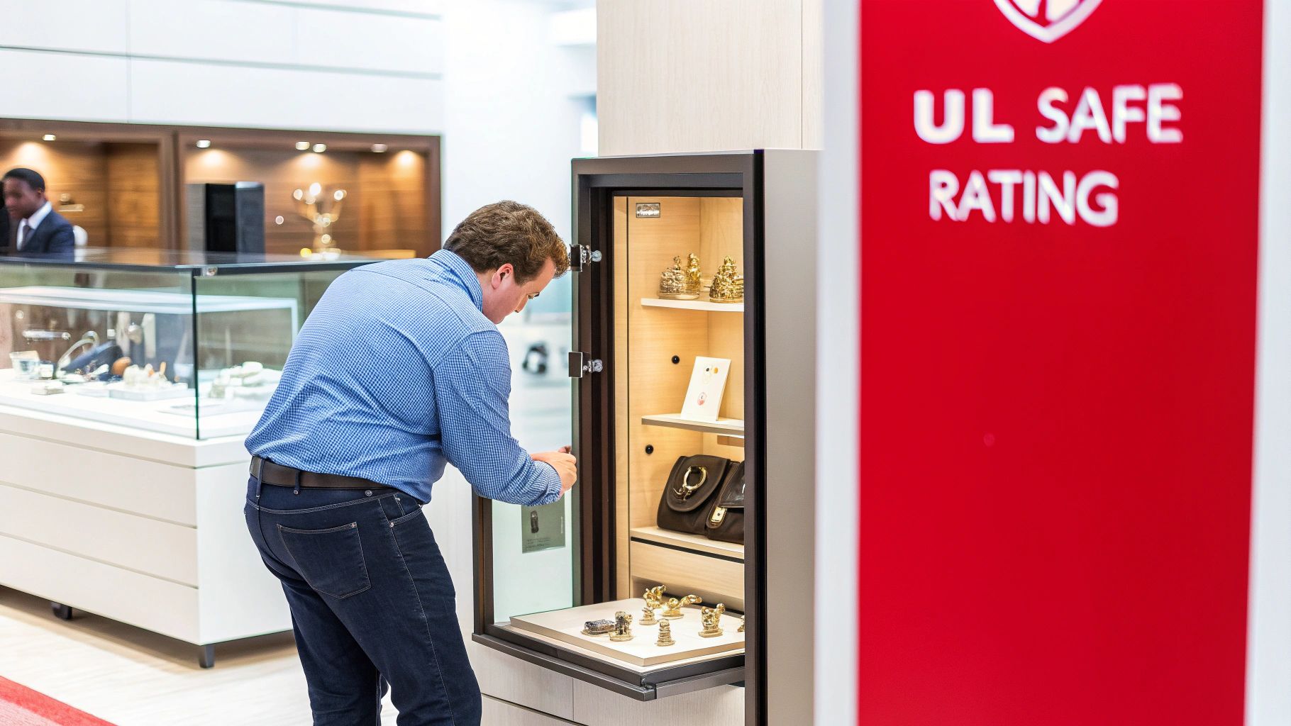 Man inspecting valuable items displayed within an open, well-lit safe in a contemporary retail setting.