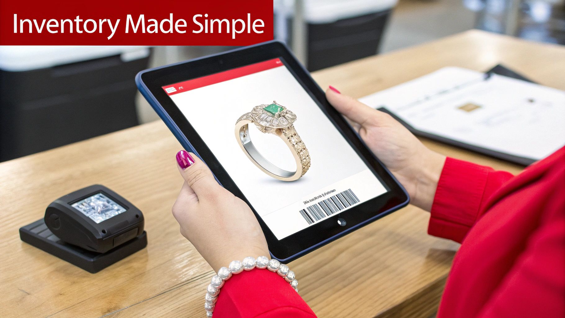 Hands holding a tablet displaying a gold ring with an emerald, used for simple jewelry inventory tracking.