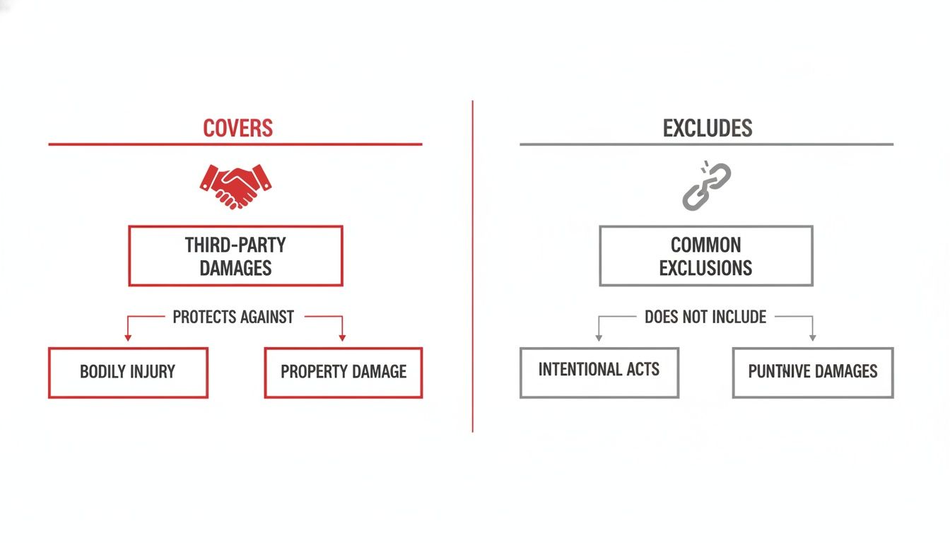A diagram illustrating what third-party damages are covered and common exclusions in an insurance policy.
