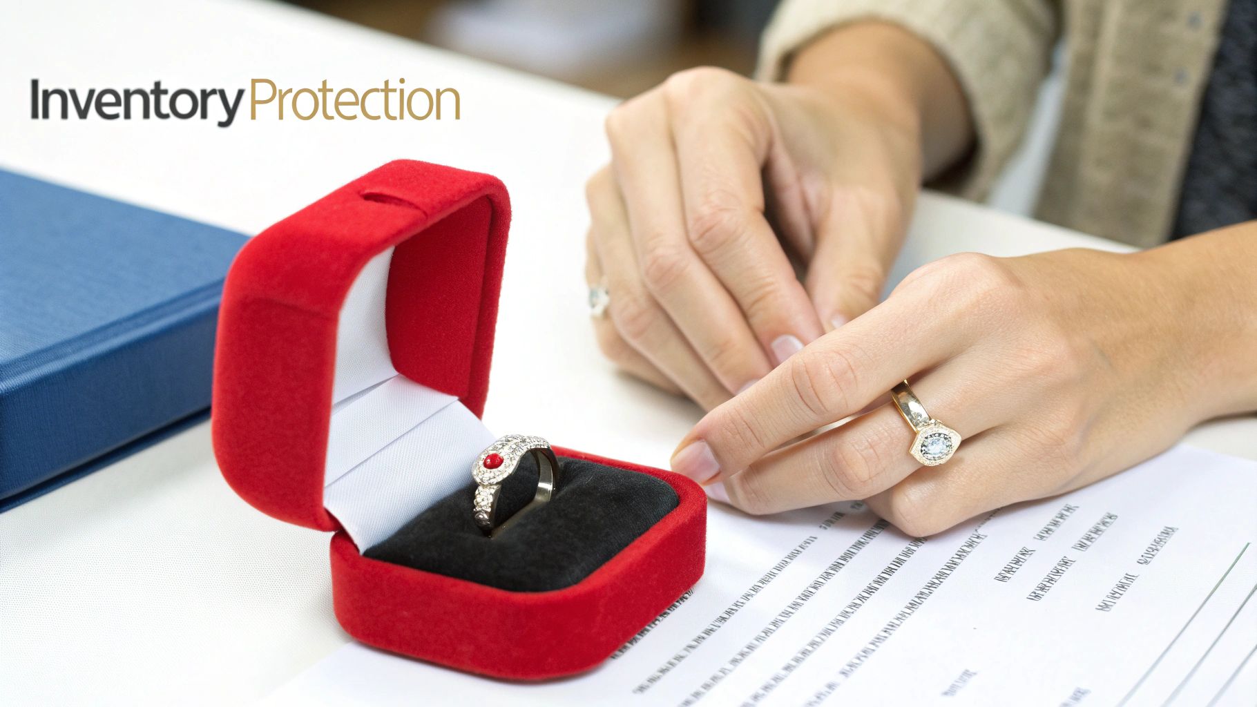 A close-up shot of a jeweler using tools to inspect a diamond ring.