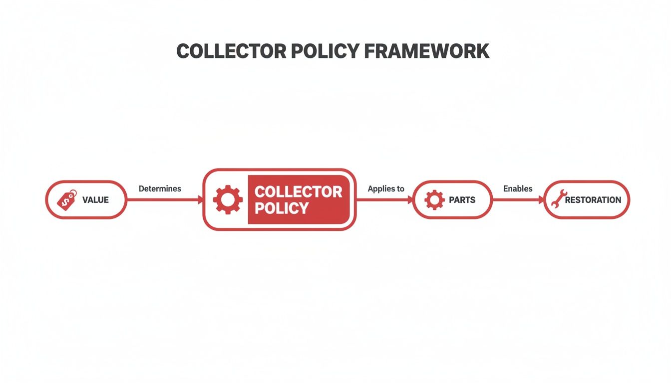 Flowchart illustrating the collector policy framework, showing value determining policy, which applies to parts enabling restoration.