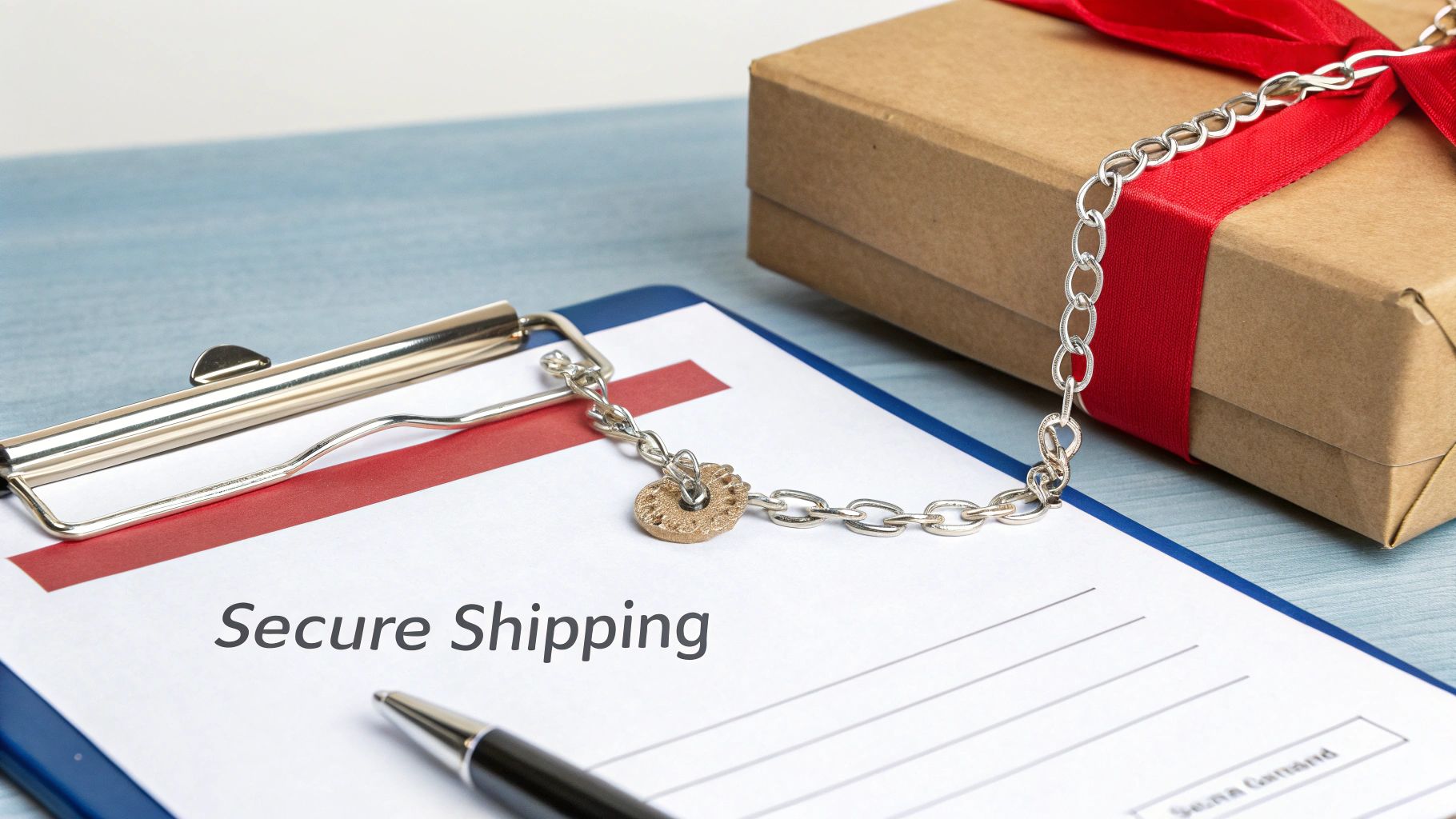 Clipboard with 'Secure Shipping' form, pen, and chained package symbolizing secure delivery.