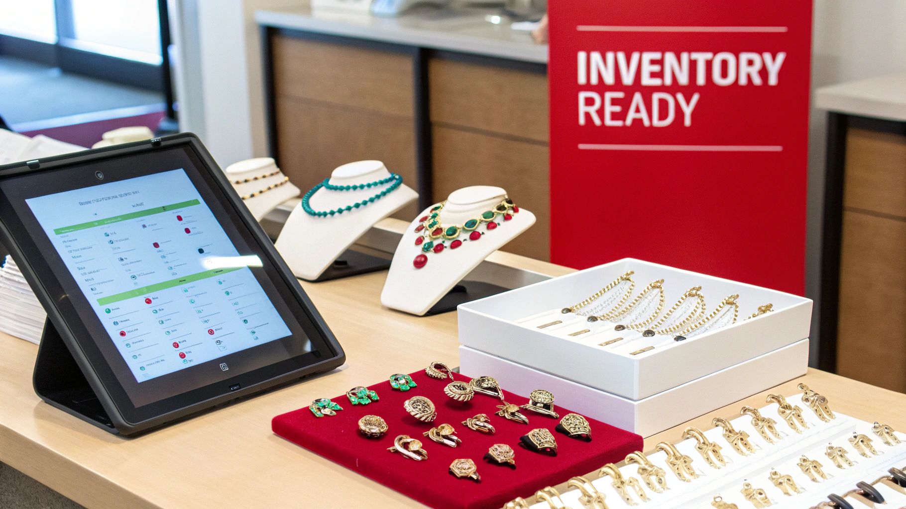 Various gold and gemstone jewelry on display with an inventory tablet and a red 'INVENTORY READY' sign.