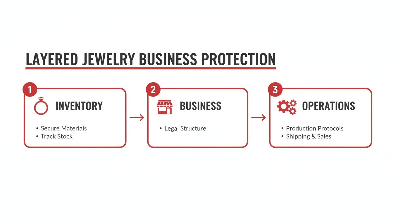 Flowchart illustrating layered protection for a jewelry business, detailing inventory, business, and operations steps.