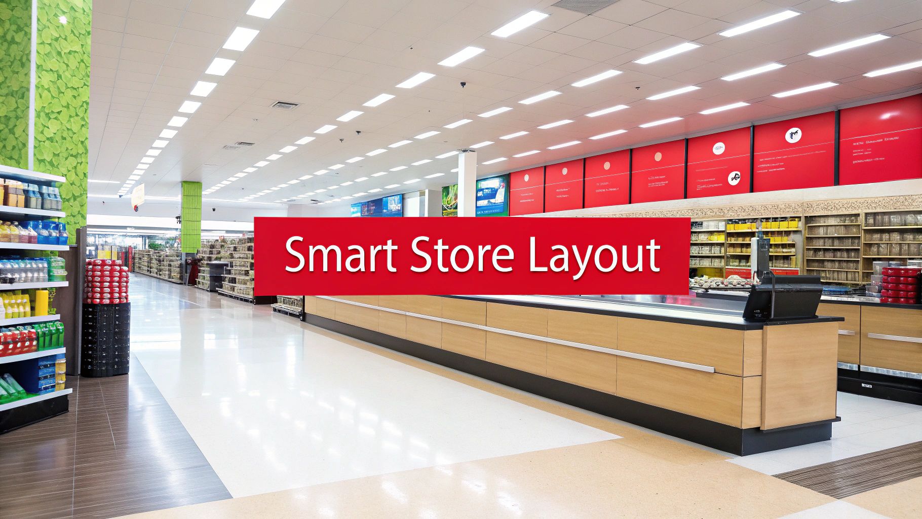 A brightly lit, spacious retail store interior showing aisles of products and a modern checkout counter.