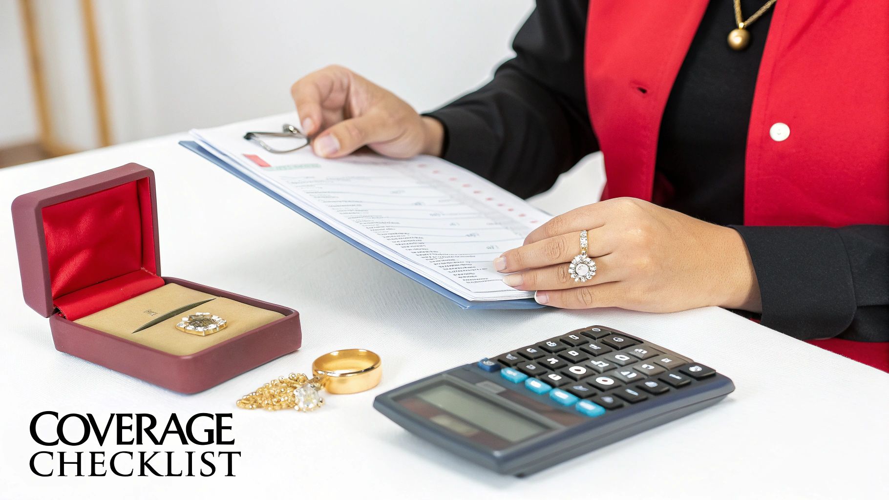 A person reviews a coverage checklist for valuable jewelry, with a calculator nearby.