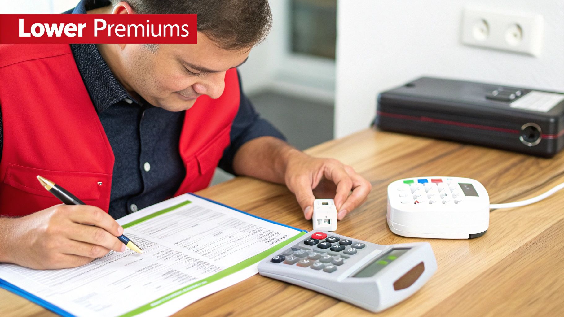 Man in a red vest calculates or reviews insurance documents with a calculator and electronic devices.
