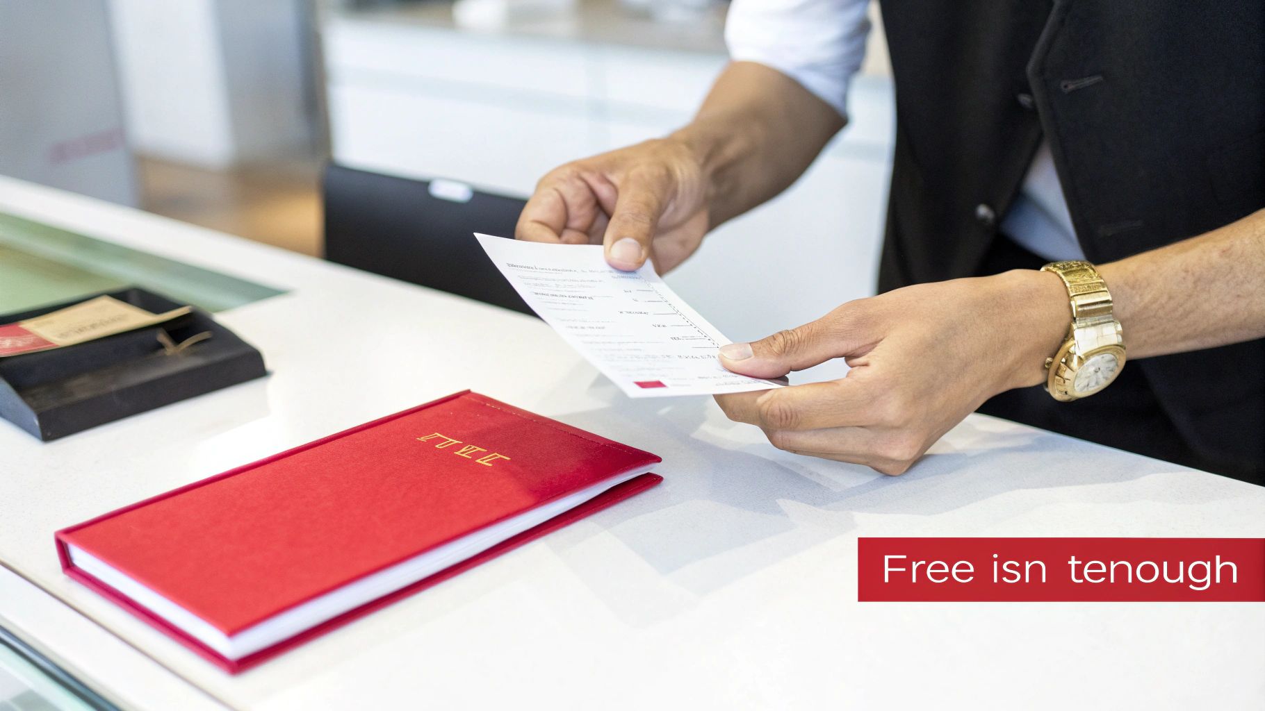 A person's hands carefully holding a white document, a red book and gold watch on a counter.