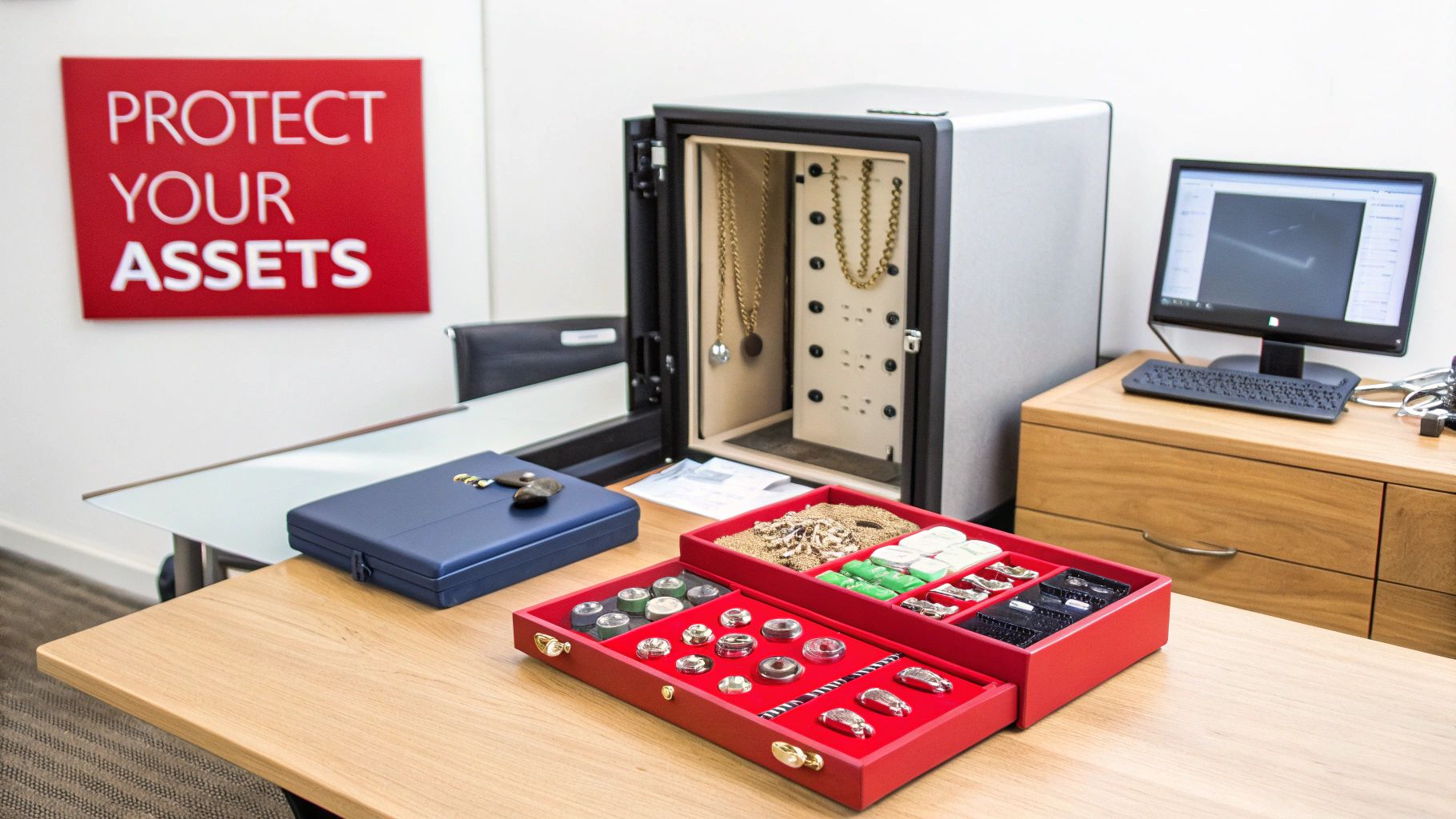 An open safe filled with necklaces, and red trays of jewelry on a table, highlighting asset protection.