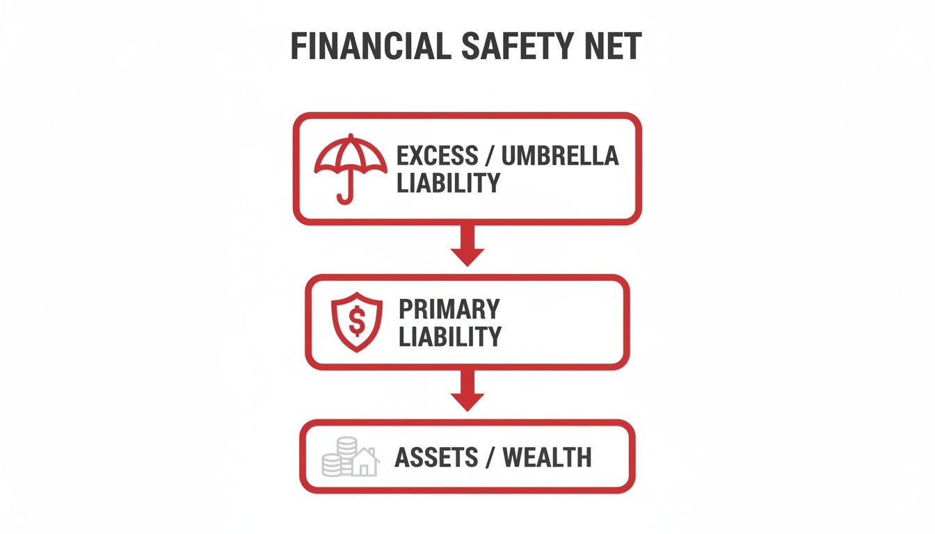 Diagram illustrating a financial safety net with umbrella liability, primary liability, and assets/wealth levels.
