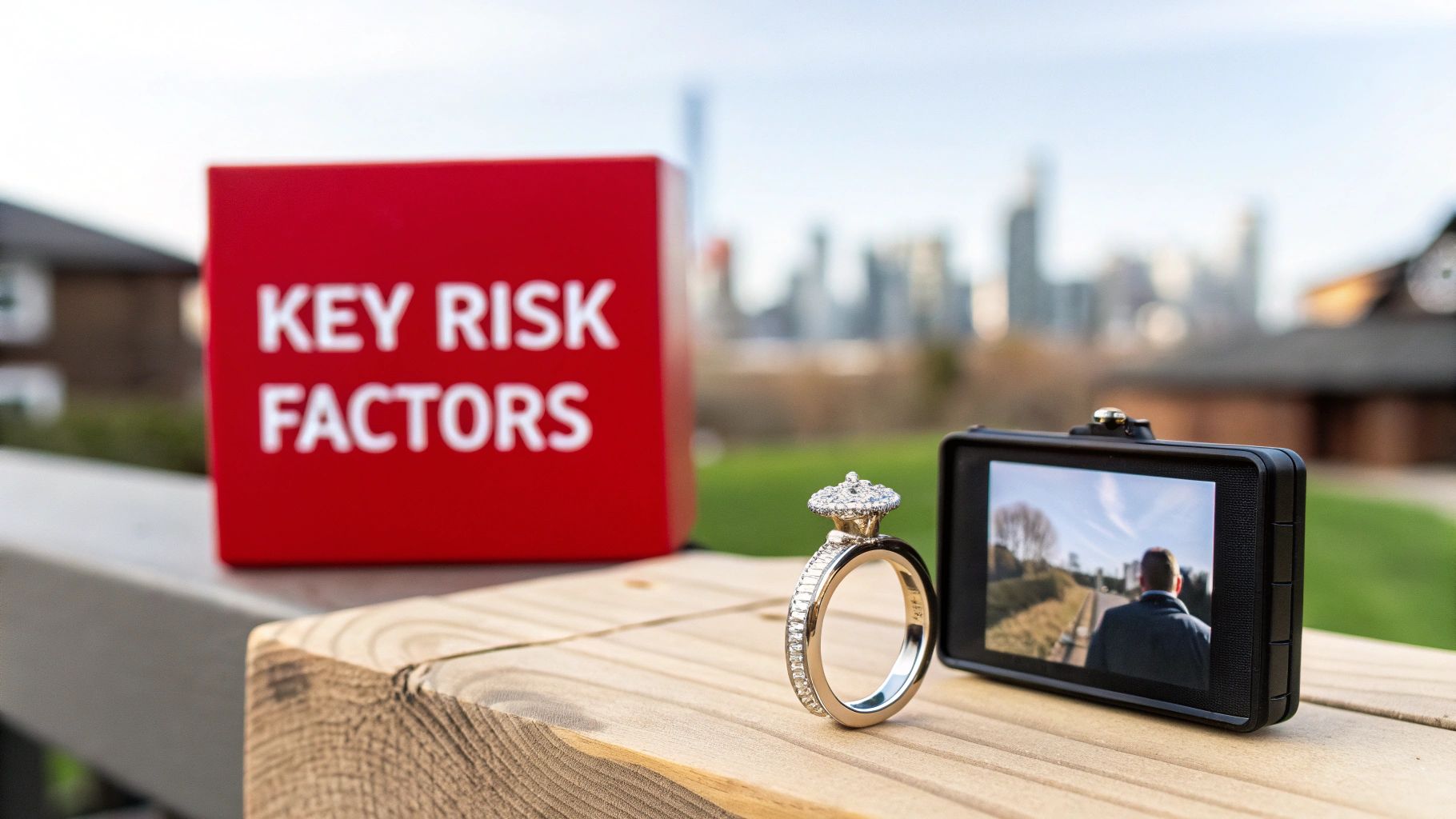 A diamond engagement ring, a screen displaying a man, and a red box with “KEY RISK FACTORS” on a wooden surface.