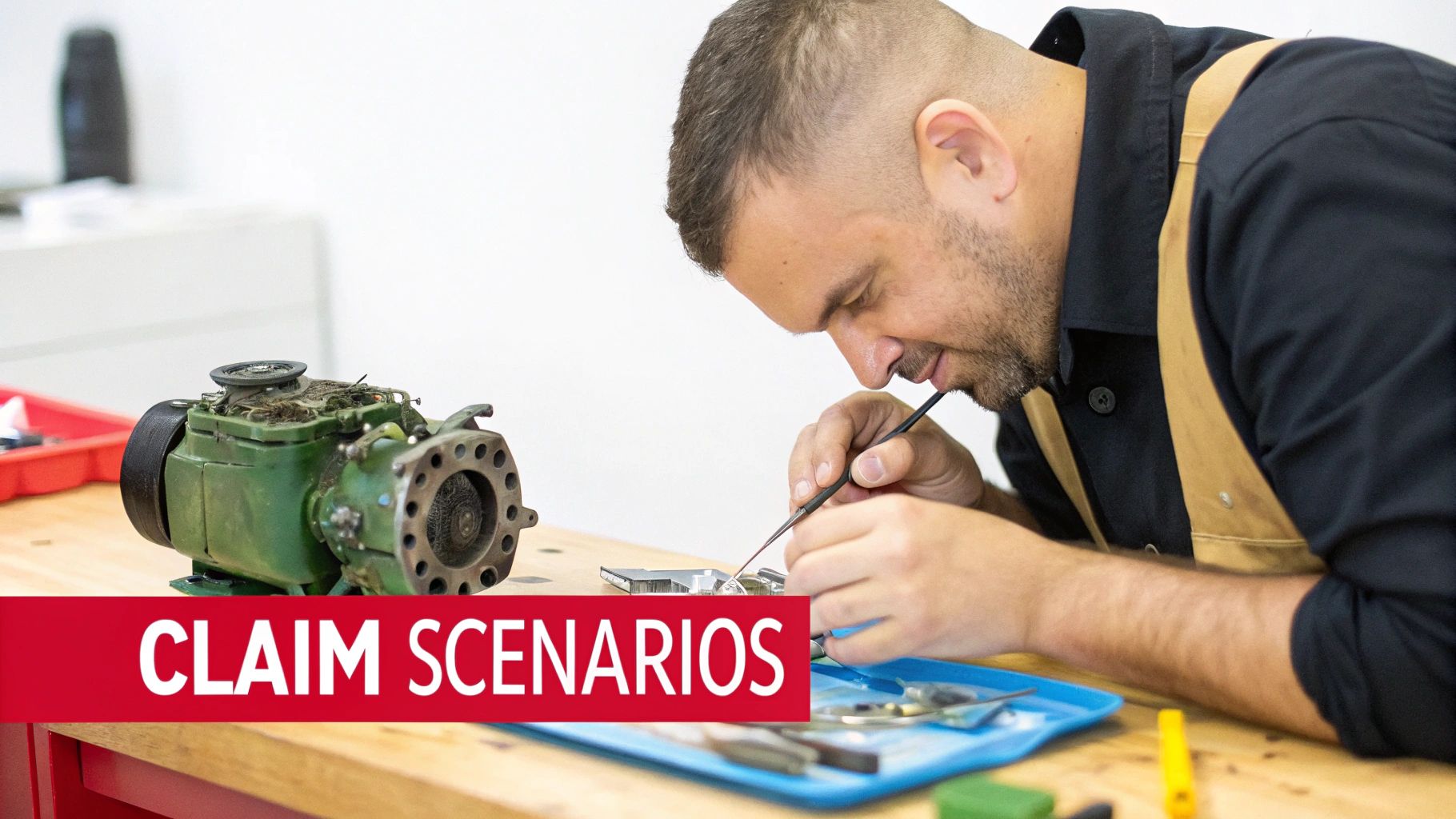 A focused mechanic in an apron meticulously repairs a small engine on a workbench, surrounded by tools.