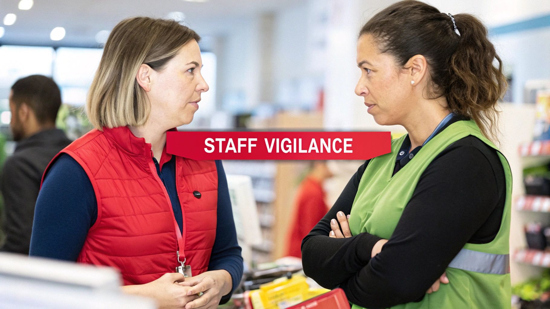 Two attentive female retail staff members in vests discussing in a store, with 'STAFF VIGILANCE' overlay.