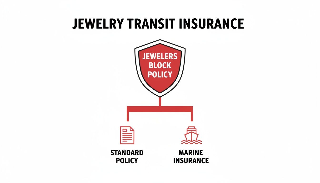 Infographic illustrates Jewelry Transit Insurance options: Jeweler's Block Policy, Standard Policy, and Marine Insurance.