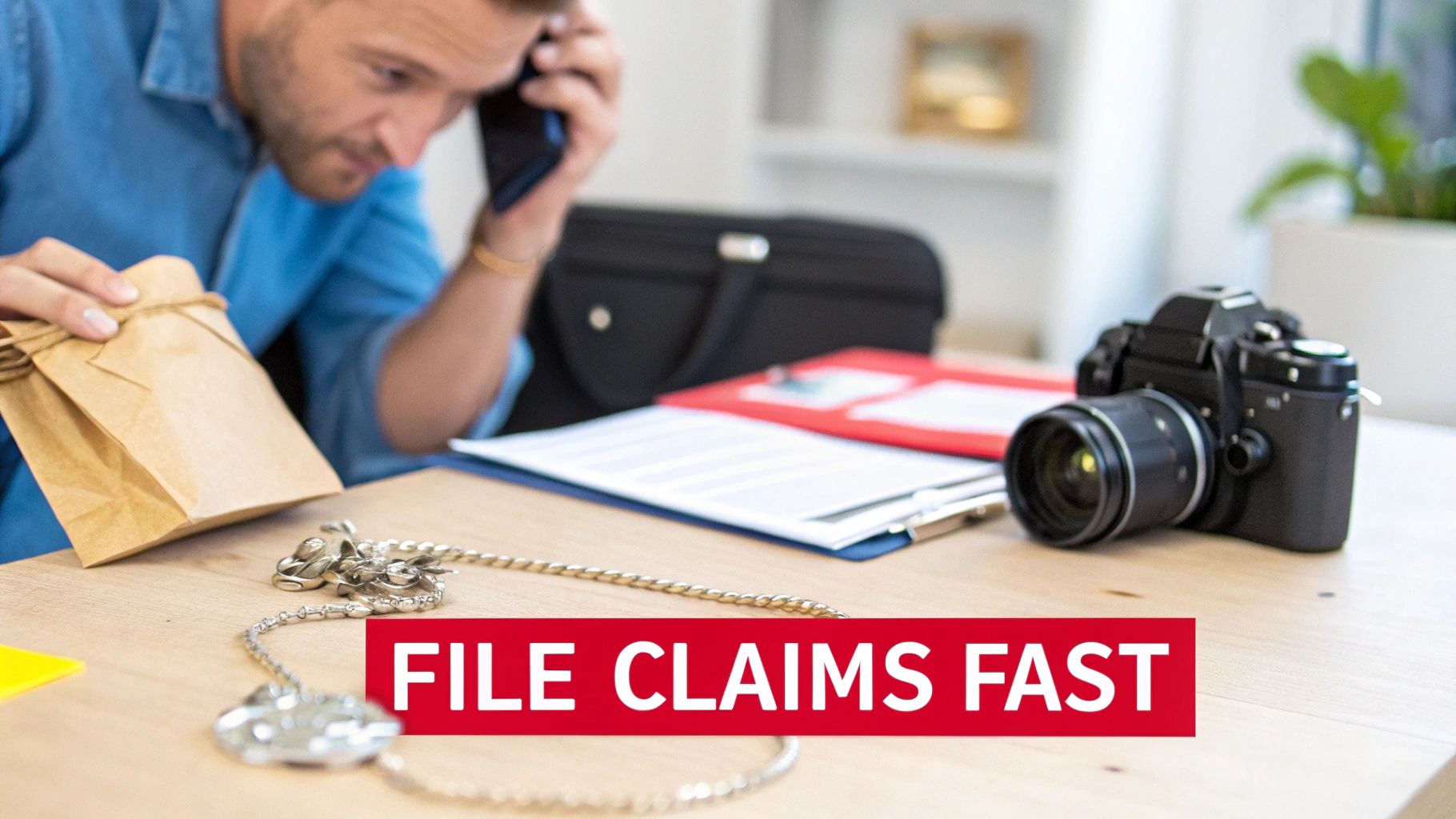 Man on phone reviewing a paper bag, documents, camera, and necklace on a table with 'FILE CLAIMS FAST' text.