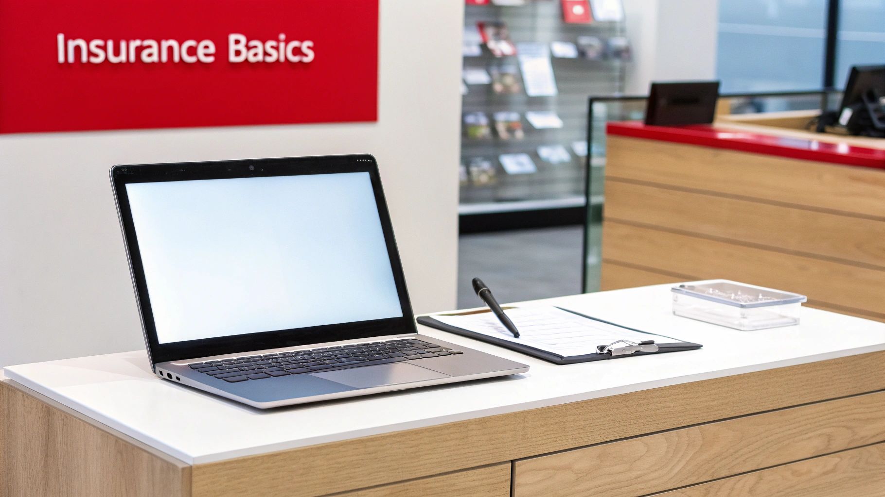 A professional office desk with a laptop, clipboard, and pen, and an 'Insurance Basics' sign.