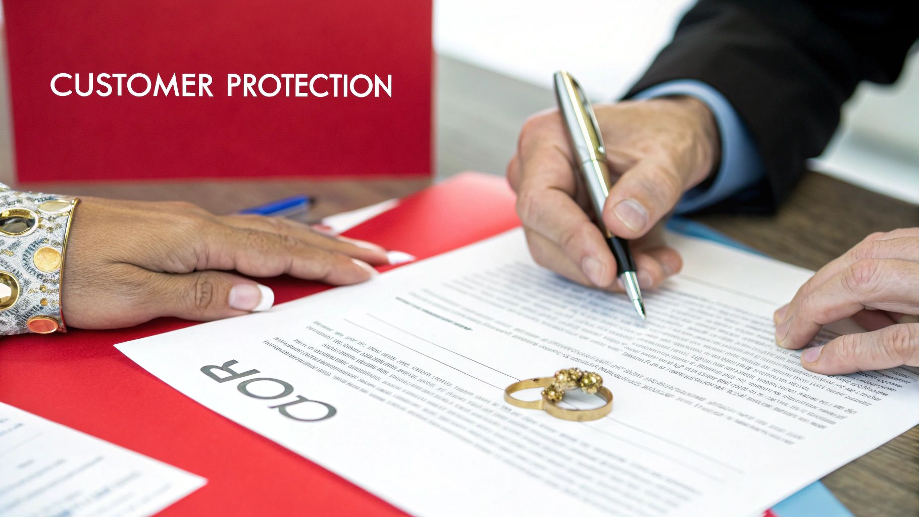 Hands signing a legal document with rings on the table and 'Customer Protection' text.