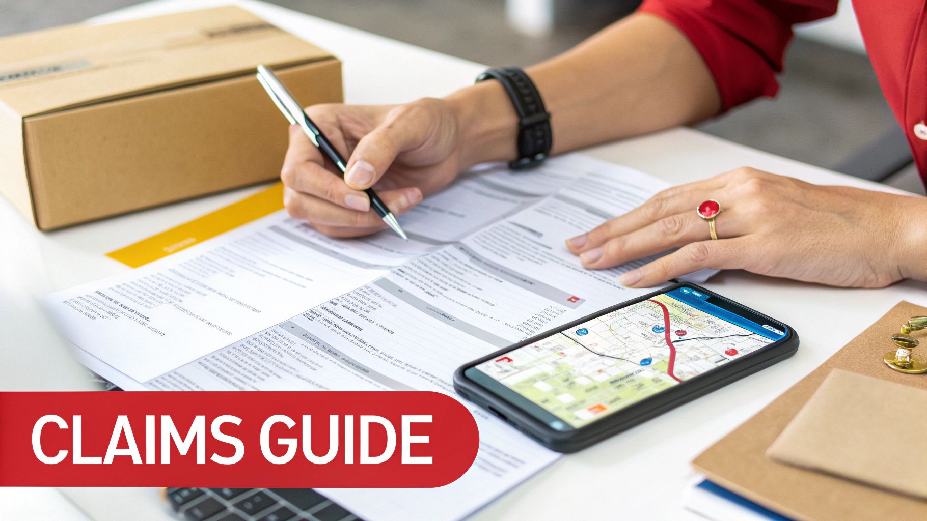 Hands writing on a claims guide document with a pen, a smartphone showing a map, and a package.